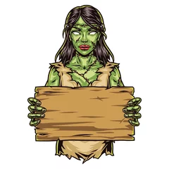 Fotobehang Spooky zombie girl with wooden board © DGIM studio