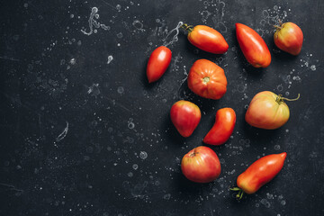 Ripe fresh tomatoes elongated and heart shapes on black stone background. Top view, flat lay, copy space.