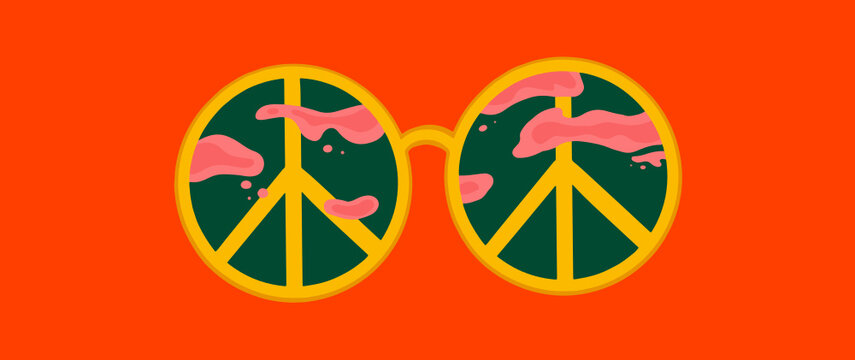 Vector Illustration of glasses with beach and mountains. 70s peace sign. Seventies sunglasses. Stylish, cool, love. Hippie style. Retro love. 