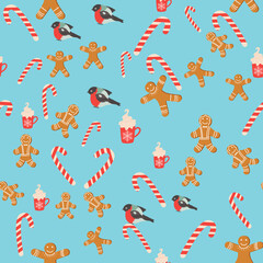 Seamless background for Christmas with gingerbread man, lollipop, bullfinch, cup of cocoa. Winter holiday,