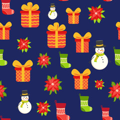 Seamless pattern with cute cartoon Christmas snowman, gifts, poinsettia, holly berries and red, green stocking