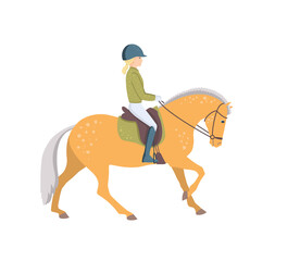 Kid practicing horseback riding. Flat cartoon colorful vector illustration.