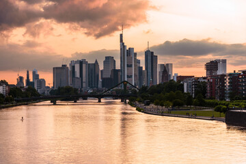 Naklejka premium View of Frankfurt Financial district at sunset in summer