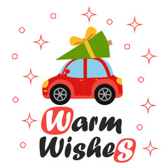 Merry christmas and happy new year illustrations. Greeting card with red retro car with christmas tree