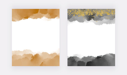 Golden and black brush stroke watercolor border texture with glitter confetti

