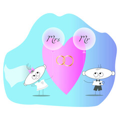 Vector image of the bride and groom for the design of wedding ceremonies. Comic drawing.