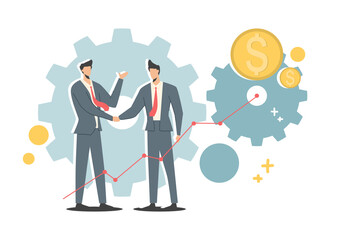 cooperation concept two business people shaking hands through telephone technology Agreement of the parties. Signing documents, business team, vector illustration.