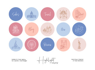 Set of hand drawn line art travel vector illustrations. Vector set design templates icons and emblems for social media story highlight.