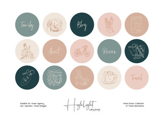 Set of hand drawn line art travel vector illustrations. Vector set design templates icons and emblems for social media story highlight. © iStarDesign