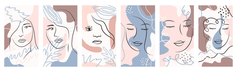 Set of Woman's Face continuous Line art. Abstract Contemporary collage of geometric shapes in a modern trendy style. Portrait of a female For Beauty Concept.