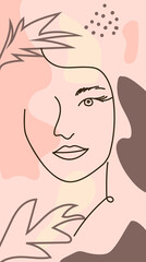 modern poster with illustration of portrait and tropical leaf one line. For wallpaper, posters, textile print, greeting card template, social media post