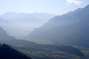 Panoramic view of Haslital (Hasli Valley) from mountain Brienzer Rothorn at Bernese Highland on a beautiful sunny summer day. Photo taken July 21st, Flühli, Switzerland.