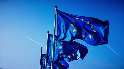 Slow motion close up of waving EU flags. Brussels, Belgium. 4K