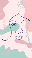 modern poster with illustration of portrait and tropical leaf one line. For wallpaper, posters, textile print, greeting card template, social media post