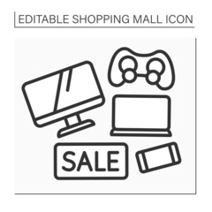 Electronics store line icon. Special electronic devices on sale. TV, laptop, mobile phone on discount. Trendy purchases. Shopping mall concept. Isolated vector illustration. Editable stroke