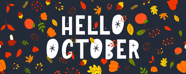 October lettering text sale vector banner with colorful autumn leaves
