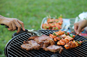 Closeup of grilled pork and chicken barbecue on gridiron with woman's hand.