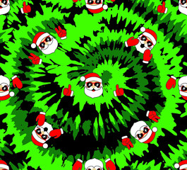 Naklejka premium Tie dye blue spiral circle with funny santa faces in sunglasses. Seamless pattern. Christmas vector illustration.