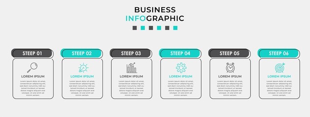 Vector Infographic design business template with icons and 6 options or steps. Can be used for process diagram, presentations, workflow layout, banner, flow chart, info graph