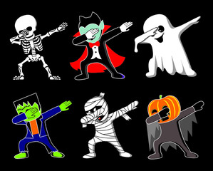 Funny cartoon skeleton, Dracula, Ghost, Frankenstein, mummy and pumpkin make DAB move, dancing hip hop style. Halloween vector illustration.