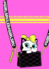 Cross body bag with cute kitten face whith big bow on pink background. Print for girls dress. Vector illustration.