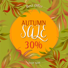 Set of sale banner template. Autumn sale banner design with  leaves background. Promo badge seasonal offer, promotion, advertising. Season offer flyer
