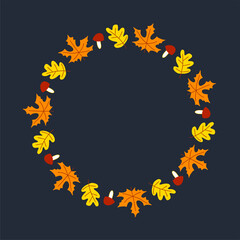 Vector wreath of autumn leaves and fruit in watercolor style. Beautiful round wreath of yellow and red leaves, acorns, berries, cones and branches. Decor for invitations, greeting cards, posters.