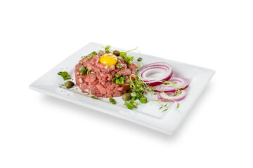 Plate with tasty beef tartare on white background