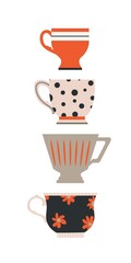 Set of multi-colored cup with different patterns. Tea, coffee, drinks. Banner for the interior. Mid-century. Hand-drawn. Vector illustration.