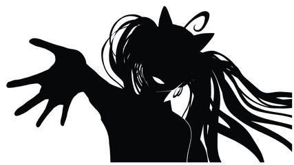 A joyful cute young anime girl with cat ears and long hair smiles happily inviting you to dance , she holds out her hand, she has a cute little hair sticking out on her head 2d illustration