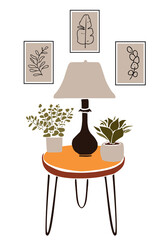 Botanical illustration on the wall.Modern boho interior with abstract elements in  cut out style.