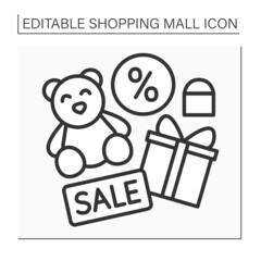 Toy shop line icon. Sale goods for children. Teddy Bear on discount. Perfect present. Shopping mall concept. Isolated vector illustration. Editable stroke