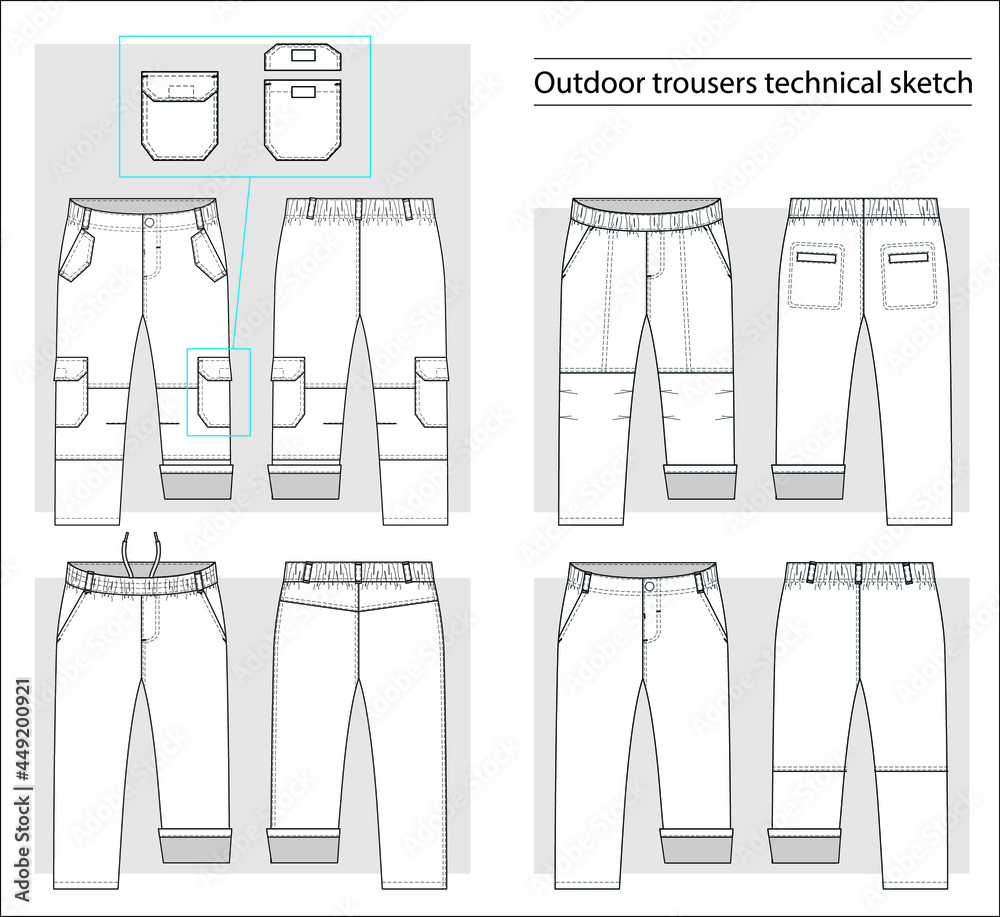 Wall mural Outdoor trousers collection basic set of technical sketches for kids