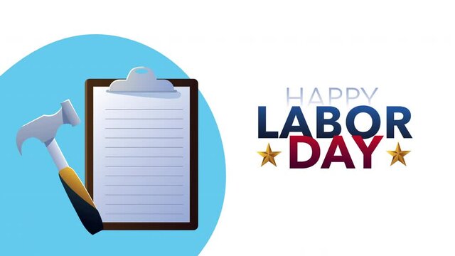 labor day lettering with checklist and hammer