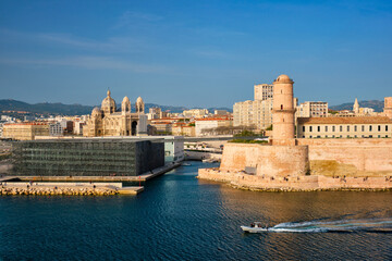 Fototapeta premium Marseille Old Port and Fort Saint-Jean. Marseille, France