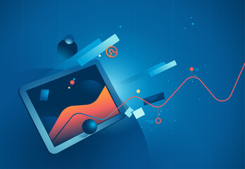 Dispositivo touch screen che vola nello spazio in mezzo a diverse forme geometriche © Hurca!