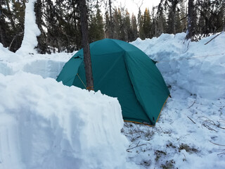 Collected green tent in the forest in winter. Overnight in a tent in extreme conditions. Tourism for people of strong spirit. Camping.