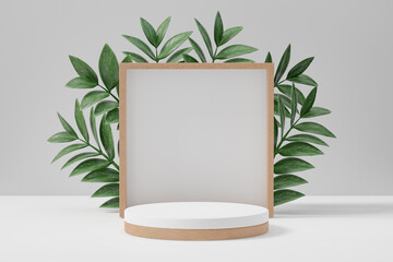 Cosmetic display product stand, Wood cylinder and square wall with green leaf background. 3D rendering illustration