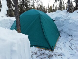 Collected green tent in the forest in winter. Overnight in a tent in extreme conditions. Tourism for people of strong spirit. Camping.