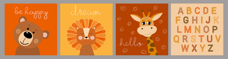 Hand drawn set of childrens illustrations in minimal flat style with bear, lion, giraffe and english alphabet. Wall art drawing with cute animals. For postcards, posters, children's room decoration.