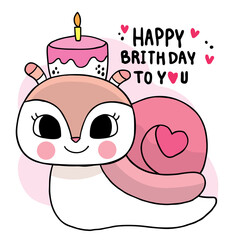 Hand draw cartoon cute snail and sweet cake, Happy birthday, Vector