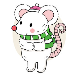 Hand draw cartoon cute white mouse wearing green scarf in winter vector.