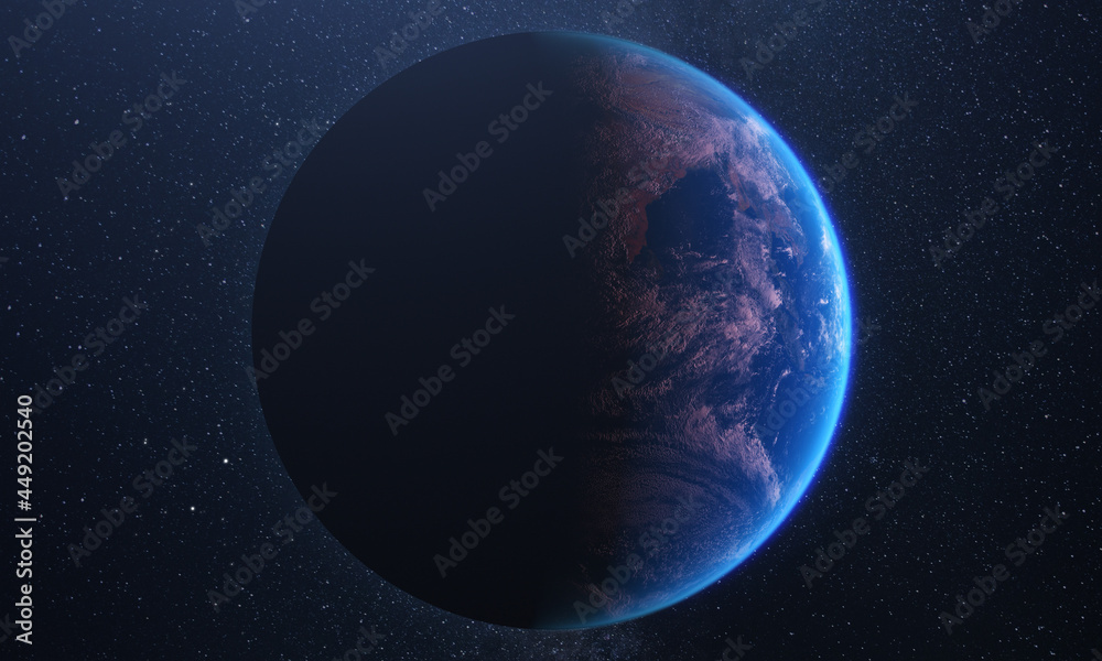 Wall mural front view of planet earth. half day and half night.