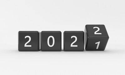 2021 to 2022 new year concept transition with black cubes or blocks on white background. Change calendar. Minimalist style counter. 3d model