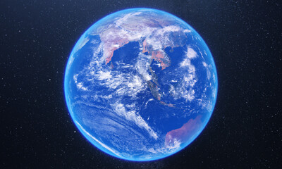
Blue planet earth on starry night space background. 3d globe representing the world map.
