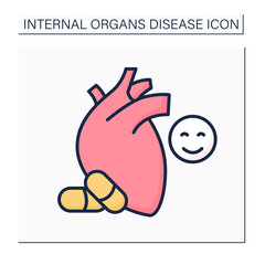 Medical treatment color icon. Heart disease prevention. Perfect treatment. Painkillers and medicine. Healthcare. Internal organs disease concept.Isolated vector illustration
