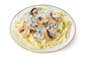 Plate with tasty mashed potatoes and mushrooms on white background