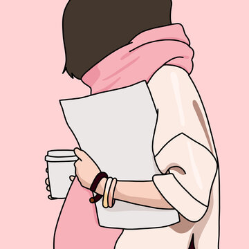 Vector Illustration of a Stiylish Urban Modern Business Woman Holding a Blank Newspaper and a Coffee. Mockup Template with Space for Text or Logo on Pink Background