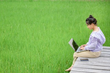 Fototapeta premium asian girl living in rural areas and schools in rural areas of Thailand Elementary school children are studying online at home in rice fields using laptops to view teaching materials.