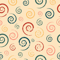 Multicolored seamless pattern with spirals in vintage style for packaging, fabric, background and other products.